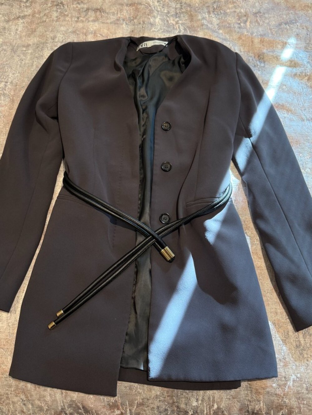 Zara Belted Blazer Jacket | Gray | Gold Tip Cord Belt | Satin Lined - XS